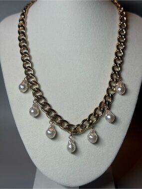 Forever 21 Gold-Tone Chain Necklace with White Pearl Drops